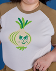 Close up of Produce Raglan Tee in Onion on Ashley
