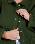 Front close up of Denim Work Jacket in Evergreen on Juliet