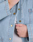 Indigo Denim Work Jacket in Light Wash close up on Juliet