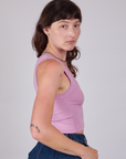 Side view of Cropped Tank Top in Lilac on Alex