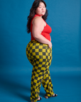 Checkerboard Work Pants in Yellow/Black angled back view on Ashley
