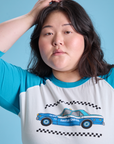 Taxi Raglan Tee in San Francisco front close up of blue taxi graphic