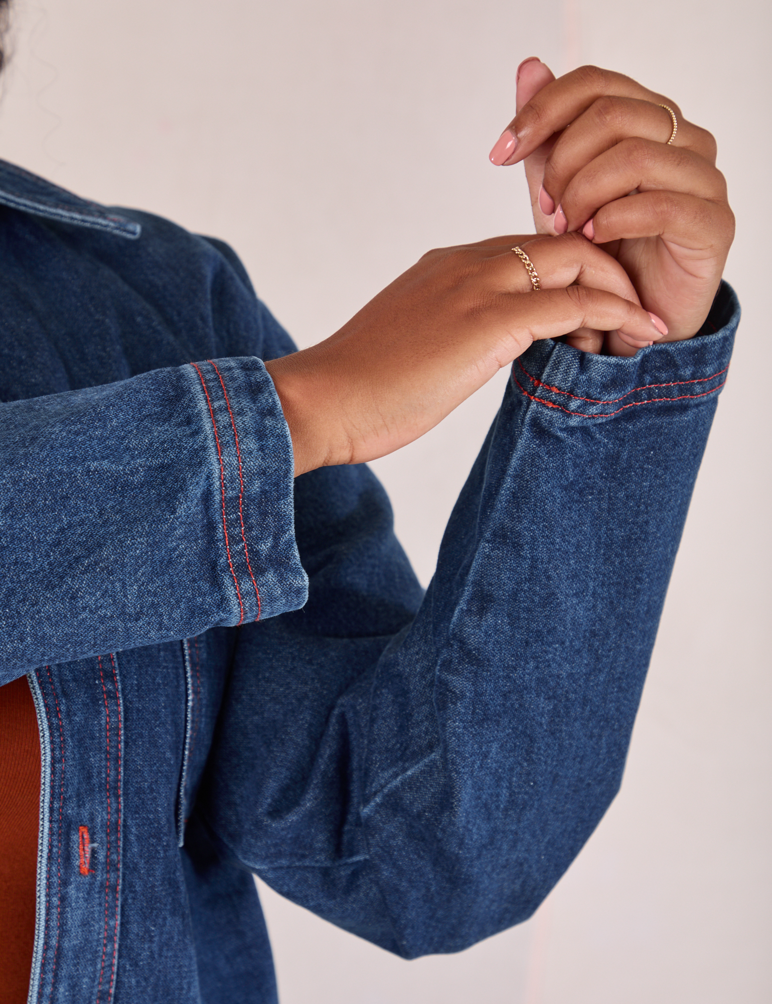Denim Overshirt in Dark Wash sleeve close up on Meghna