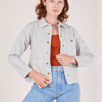 Alex is 5'8" and wearing P Denim Work Jacket in Dishwater White