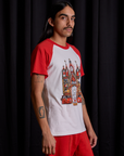 Short Sleeve Raglan Tee in Gates of Hell side view on Anthony