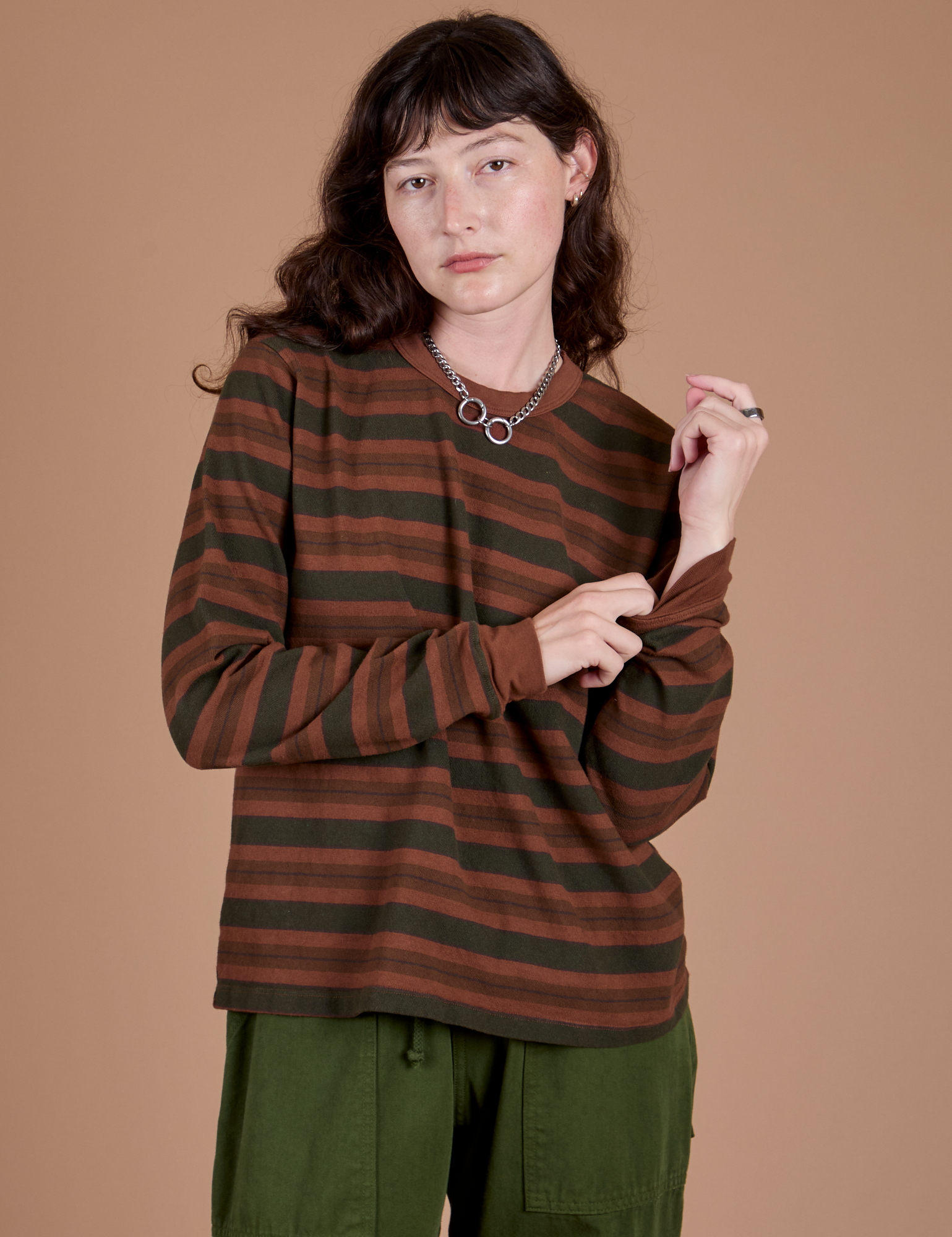 Long Sleeve Striped Burly Tee in Fudgesicle worn by Alex