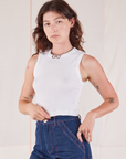 Alex is 5’8” and wearing P Muscle Tee in Vintage Tee Off-White