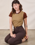 Mismatched Tee in Tan & Brown and espresso brown Western Pants on Alex