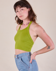 Halter Top in Gross Green angled front view on Alex