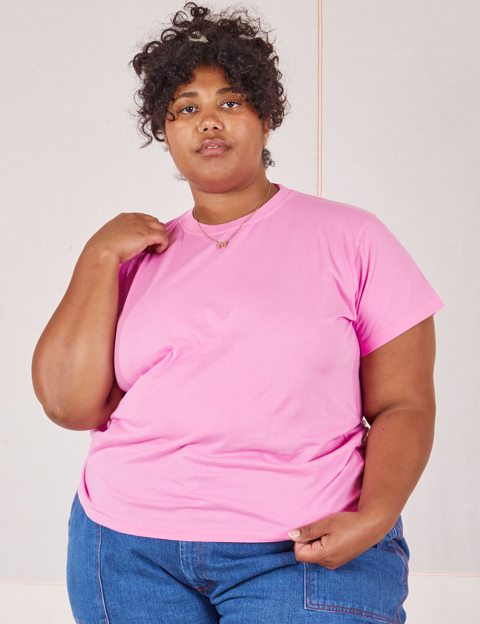 Morgan is wearing Organic Vintage Tee in Bubblegum Pink