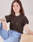 Hana is wearing Organic Vintage Tee in Espresso Brown and light wash Carpenter Jeans
