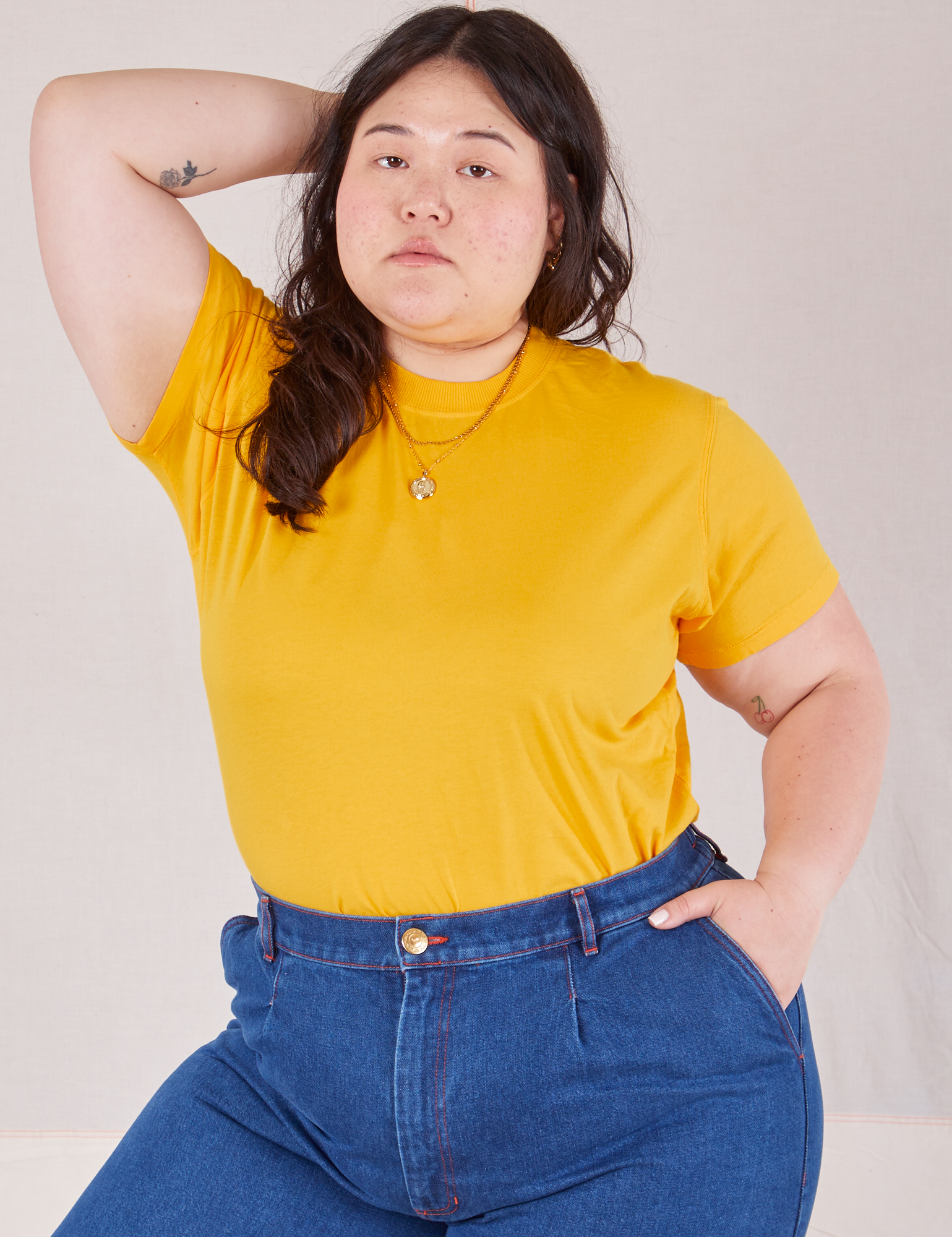 Ashley is wearing Organic Vintage Tee in Sunshine Yellow