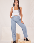 Gabi is 5'7" and wearing XXS Organic Trousers in Periwinkle paired with Cropped Cami in vintage tee off-white