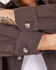 Sleeve cuff close up of Oversize Overshirt in Espresso Brown worn by Jesse