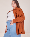 Side view of Oversize Overshirt in Burnt Terracotta on Marielena
