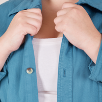 Front close up of Oversize Overshirt in Marine Blue on Marielena