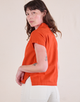 Pantry Button-Up in Chili Red angled back view on Alex