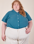 Catie is wearing Pantry Button-Up in Marine Blue tucked into vintage tee off-white Western Pants