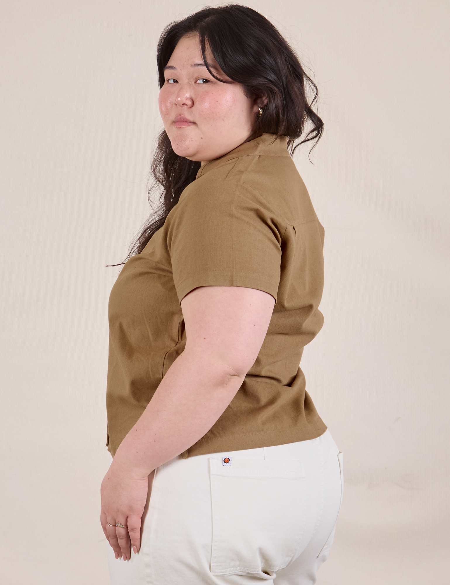 Pantry Button-Up in Desert Brown side view on Ashley