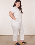 Side view of Petite Short Sleeve Jumpsuit in Vintage Tee Off-White on Ashley