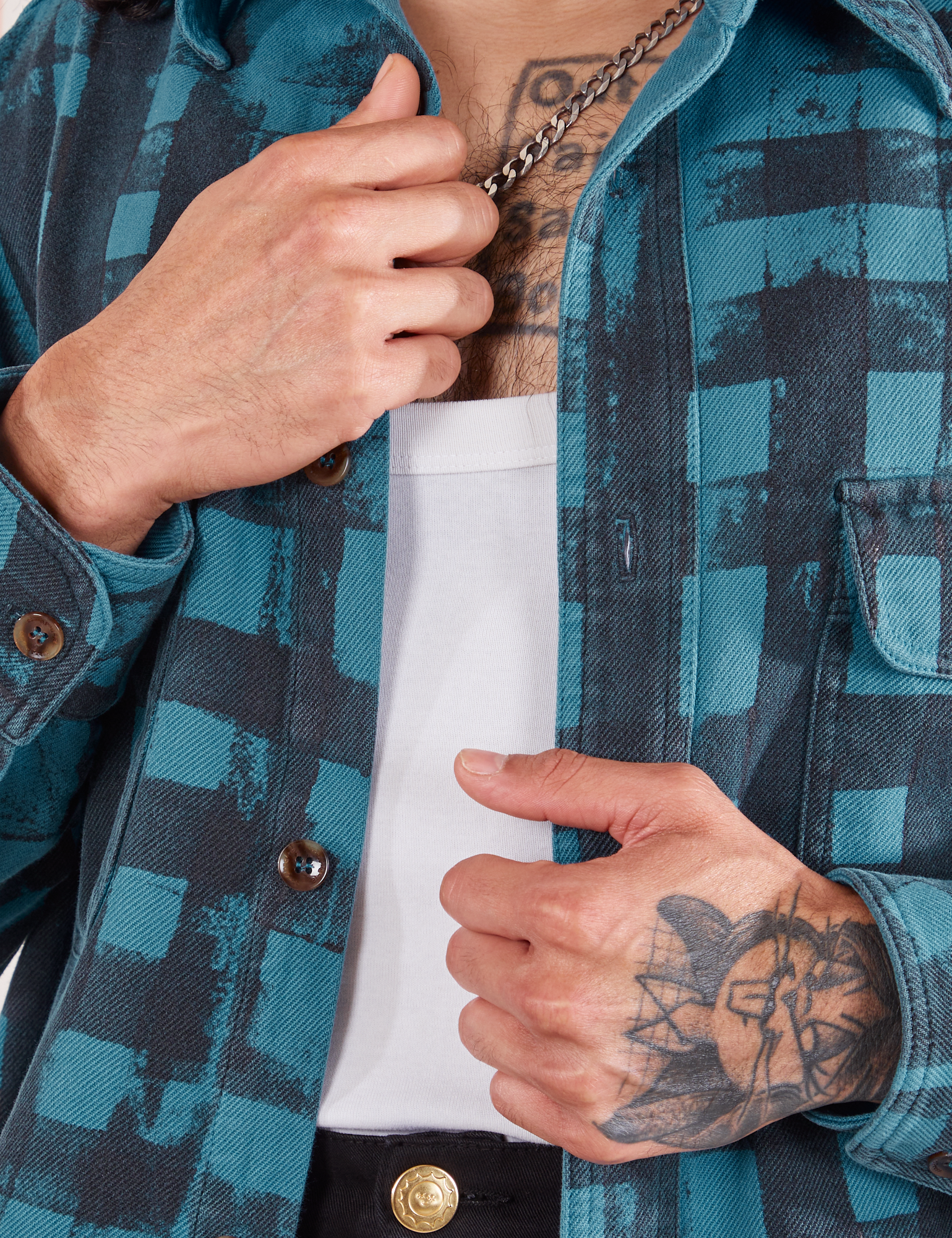 Plaid Flannel Overshirt in Marine Blue front close up on Jesse