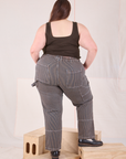 Back view of Railroad Carpenter Jeans in Vintage Tan and espresso brown Square Neck Tank on Marielena