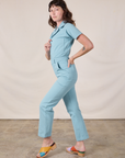 Short Sleeve Jumpsuit in Baby Blue side view on Alex