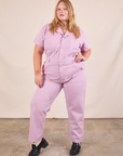 Juliet is 5'7" and wearing 1XL Short Sleeve Jumpsuit in Lilac