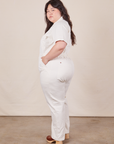 Side view of Short Sleeve Jumpsuit in Vintage Tee Off-White worn by Ashley
