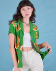 Paintstamped Pantry Button-Up in Kelly Green worn by Alex