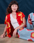 Paintstamped Pantry Button-Up in Mustang Red paired with Wide Leg Denim Trousers in Painted Flower