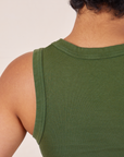 Upper back close up of Tank Top in Dark Emerald Green on Mika