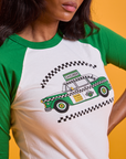 Taxi Raglan Tee in Chicago close up of green taxi graphic on shirt