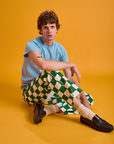 Quinn is wearing Checkerboard Work Pants in White/Green and baby blue Organic Vintage Tee
