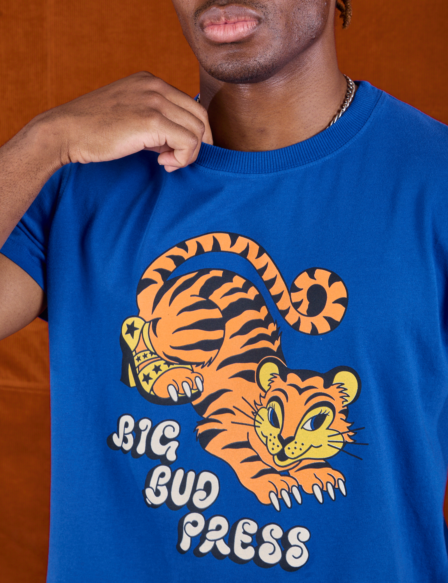 BBP Tiger Tee front close up on Isaac
