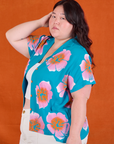 Paintstamped Pantry Button-Up in Hawaiian Blue side view on Ashley