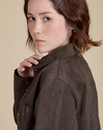 Denim Work Jacket in Espresso Brown shoulder close up on Hana