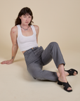 Work Pants in Washed Grey and Cropped Tank in Vintage Tee White on Alex