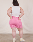 Back view of Classic Work Shorts in Bubblegum Pink and Cropped Tank Top in vintage tee off-white on Ashley