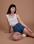 Classic Work Shorts in French Blue and Cropped Tank in Vintage Tee White on Alex