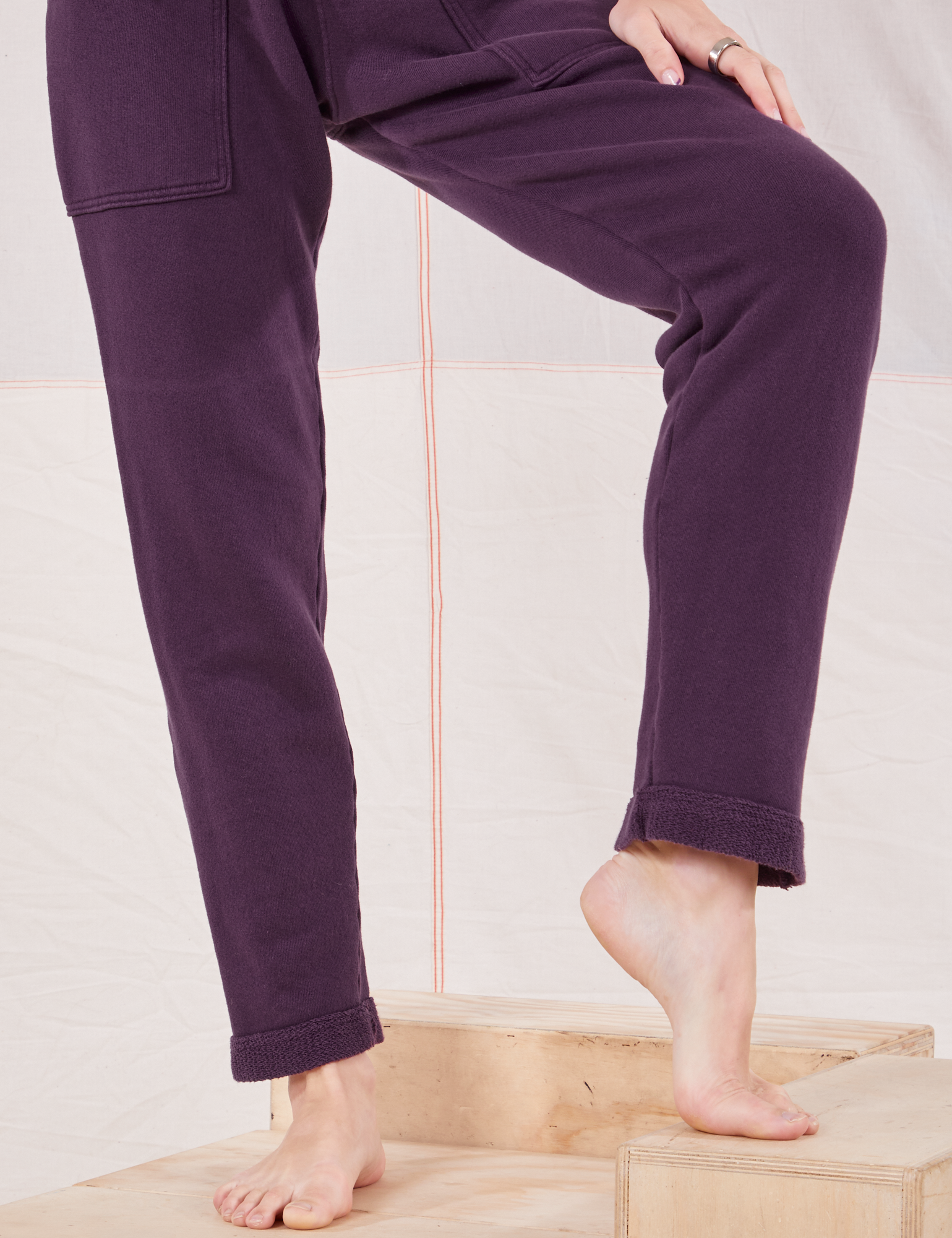 Rolled Cuff Sweat Pants in Nebula Purple pant leg close up on Alex