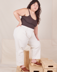 Side view of Heavyweight Trousers in Vintage Tee Off-White and espresso brown Cropped Cami worn by Ashley.