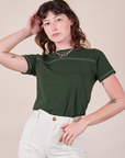 Alex is 5'8" and wearing P JV Tee in Swamp Green