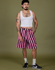 Jesse is 5’8” and wearing S Longline Work Shorts in Bubblegum Pink paired with a vintage tee white Cropped Tank