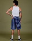 Back view of Longline Work Shorts in Cornflower and vintage tee white Cropped Tank on Jesse