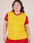 Mismatched Tee in Yellow & Red worn by Ashley