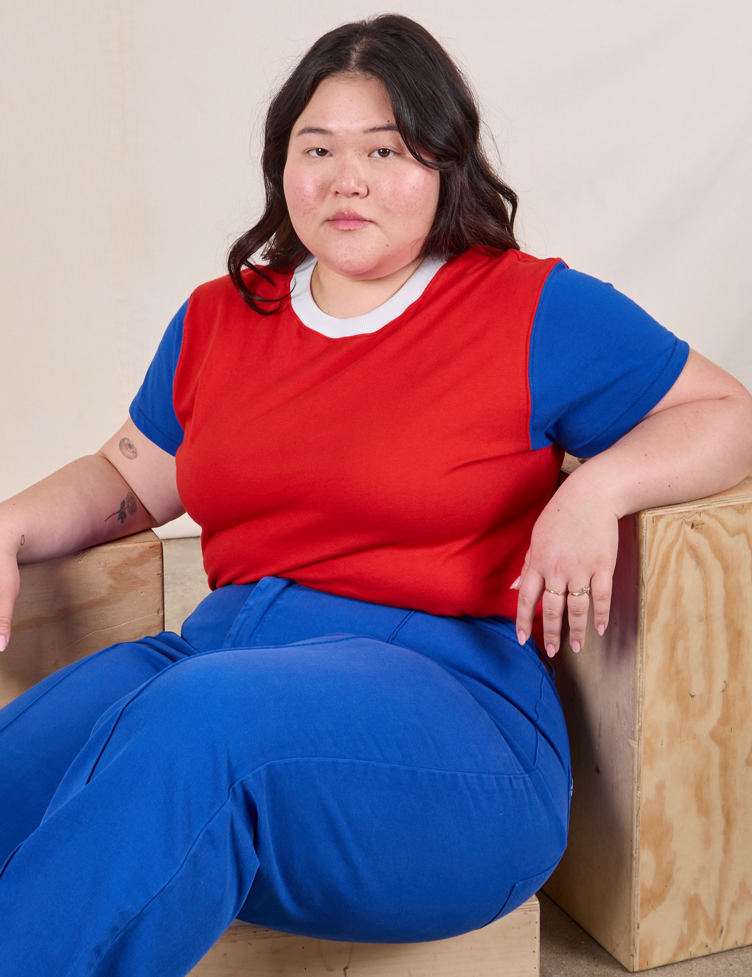Mismatched Tee in Red & Blue on Ashley