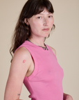 Side view close up of Muscle Tee in Bubblegum Pink on Alex