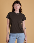 Alex is 5’8” and wearing P Organic Vintage Tee in Espresso Brown