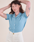 Alex is 5'8" and wearing P Pantry Button-Up in Baby Blue